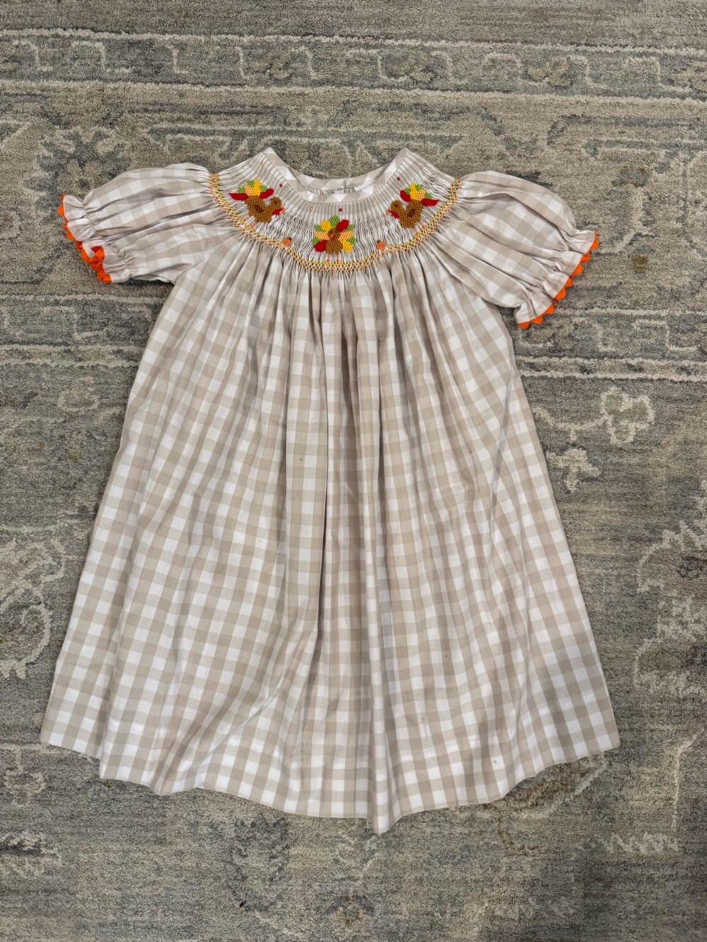 Beige Gingham Smocked Kids Dress with Floral Embroidery